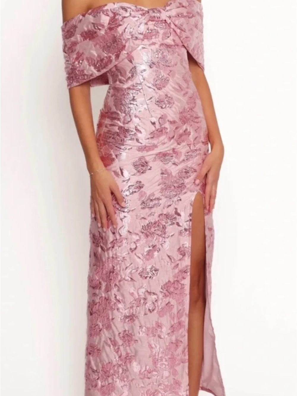 Petal and Pup NWT Elegant Off-Shoulder Pink Jacquard Dress - Picture 2 of 5